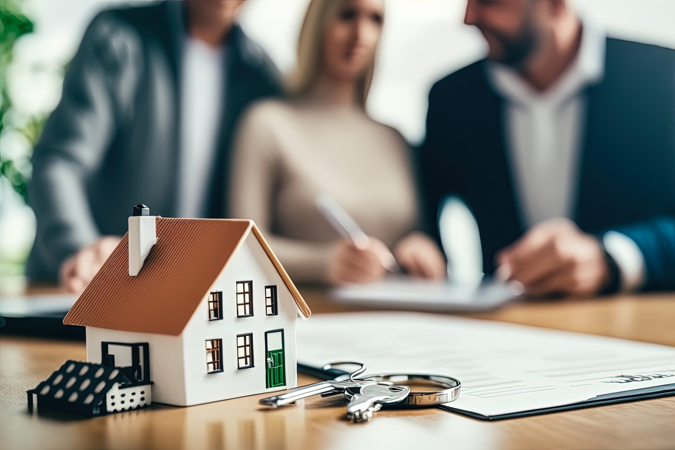 Real estate closing table with model house and keys during a loan signing appointment